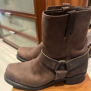 Frye Harness Biker Boot, Mid calf. Size 11 Brown with strap and ring accent.